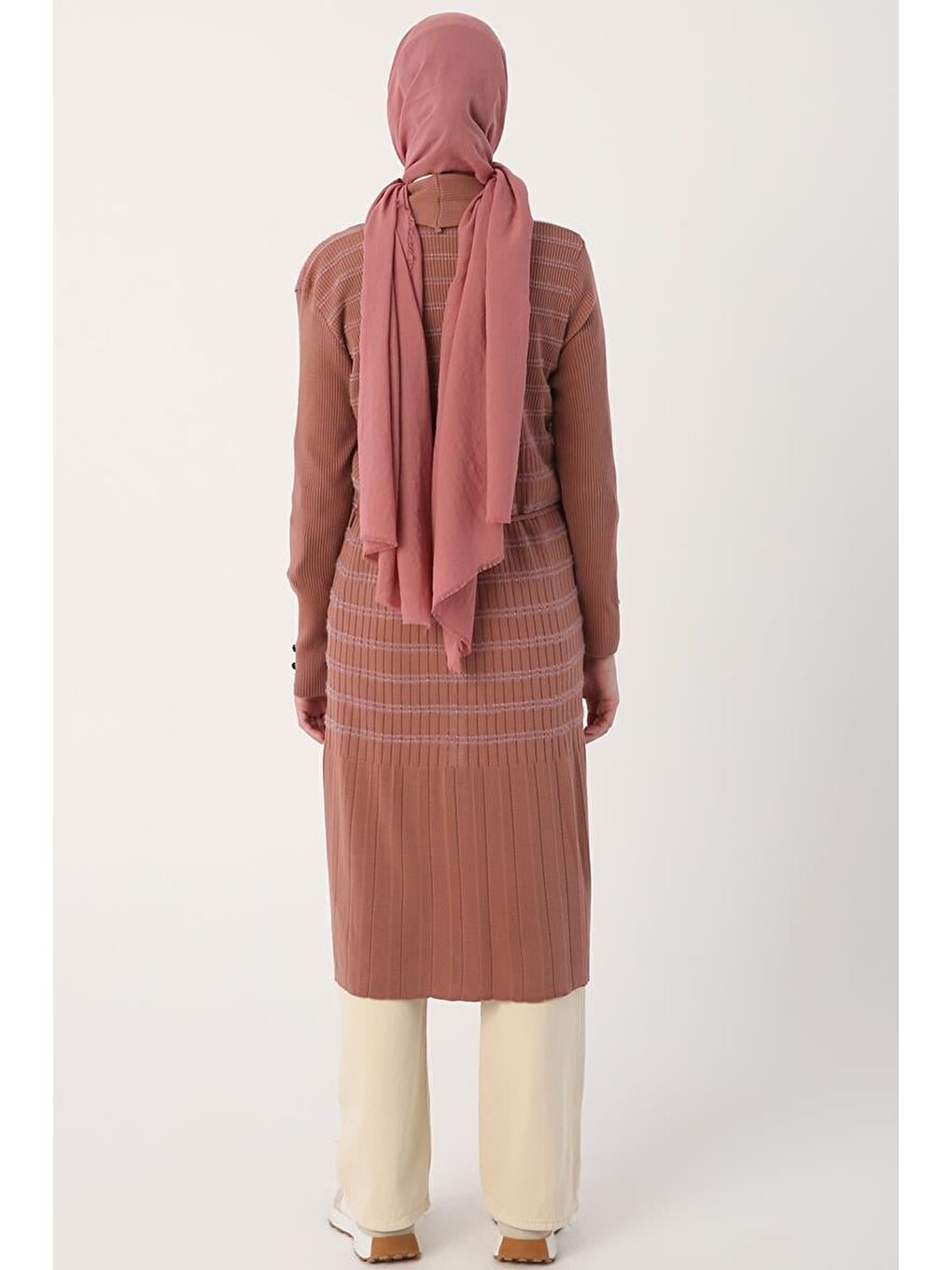 Pembe Gül Simli Çizgili Düğme Detaylı Triko Hırka-3