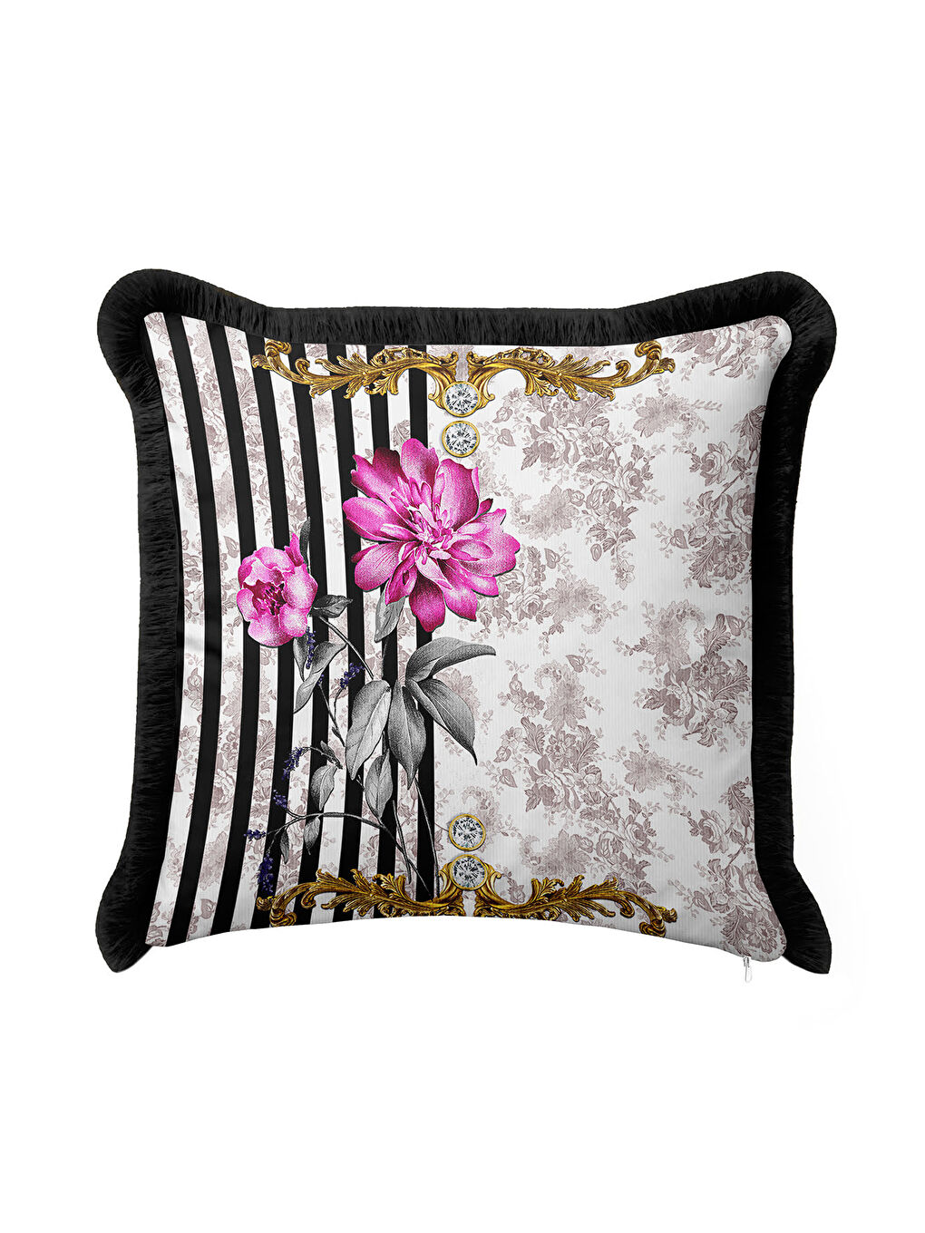 Karışık Barok Çiçekli Altın Renkli Saçaklı Yastık Kılıfı - Lüks Vintage Bohem Siyah Püsküllü Kırlent Kılıfı-1