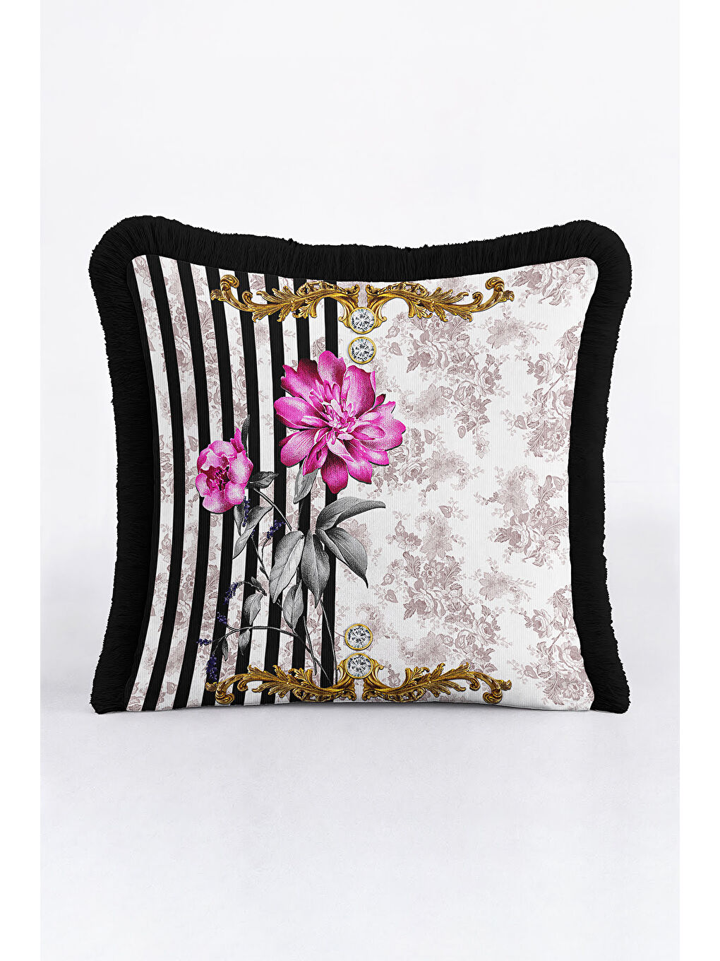 Karışık Barok Çiçekli Altın Renkli Saçaklı Yastık Kılıfı - Lüks Vintage Bohem Siyah Püsküllü Kırlent Kılıfı-2
