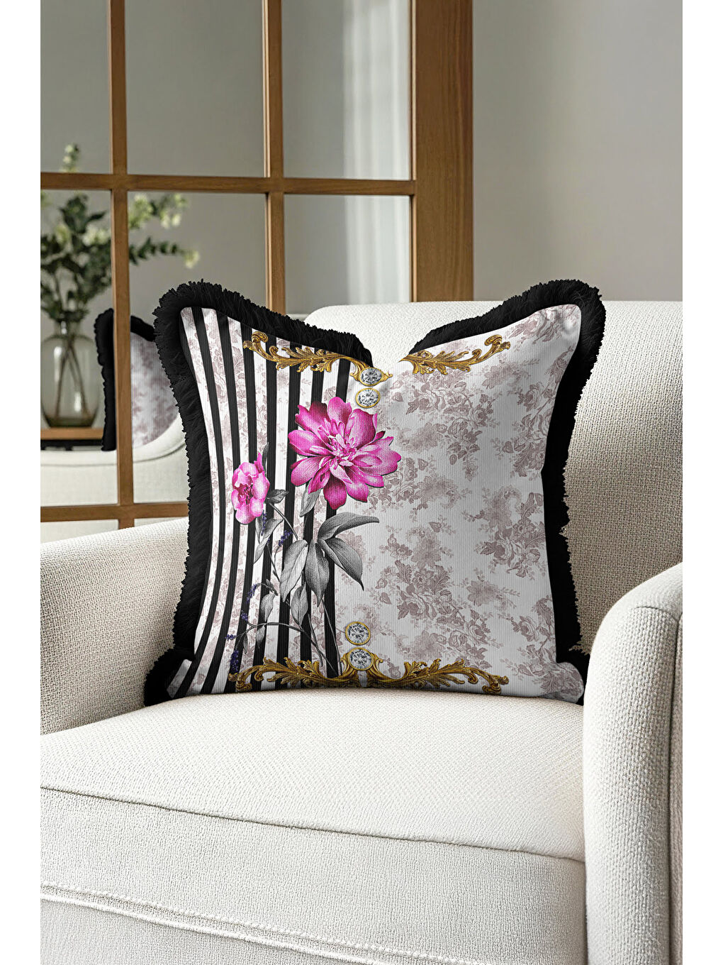 Karışık Barok Çiçekli Altın Renkli Saçaklı Yastık Kılıfı - Lüks Vintage Bohem Siyah Püsküllü Kırlent Kılıfı-3