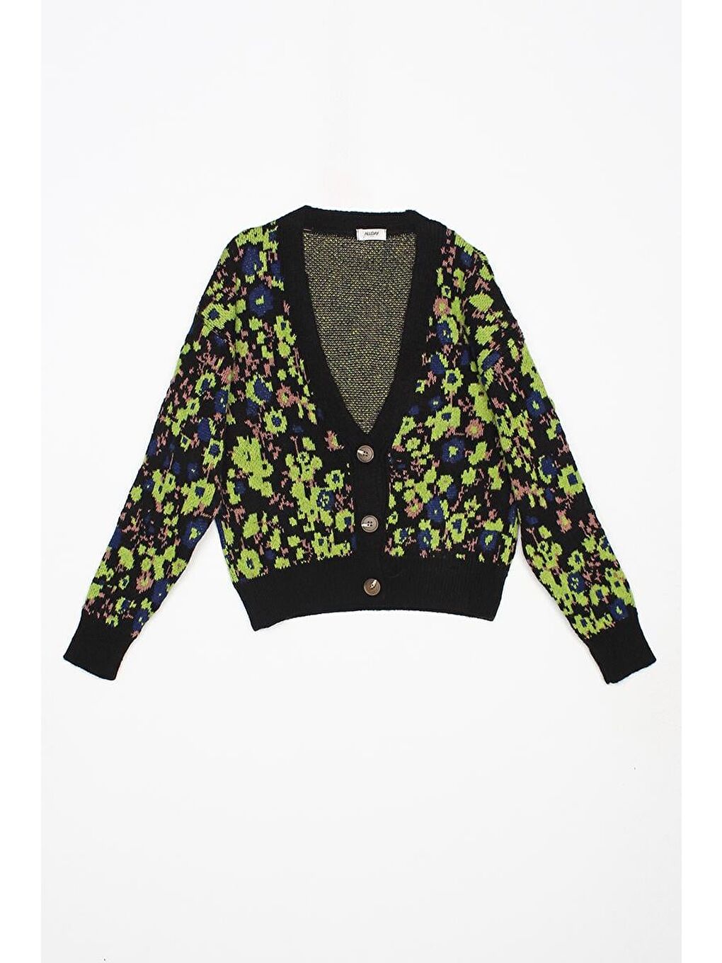 Siyah-Yeşil V Yaka Çiçek Desenli Rahat Kısa Triko Hırka-6