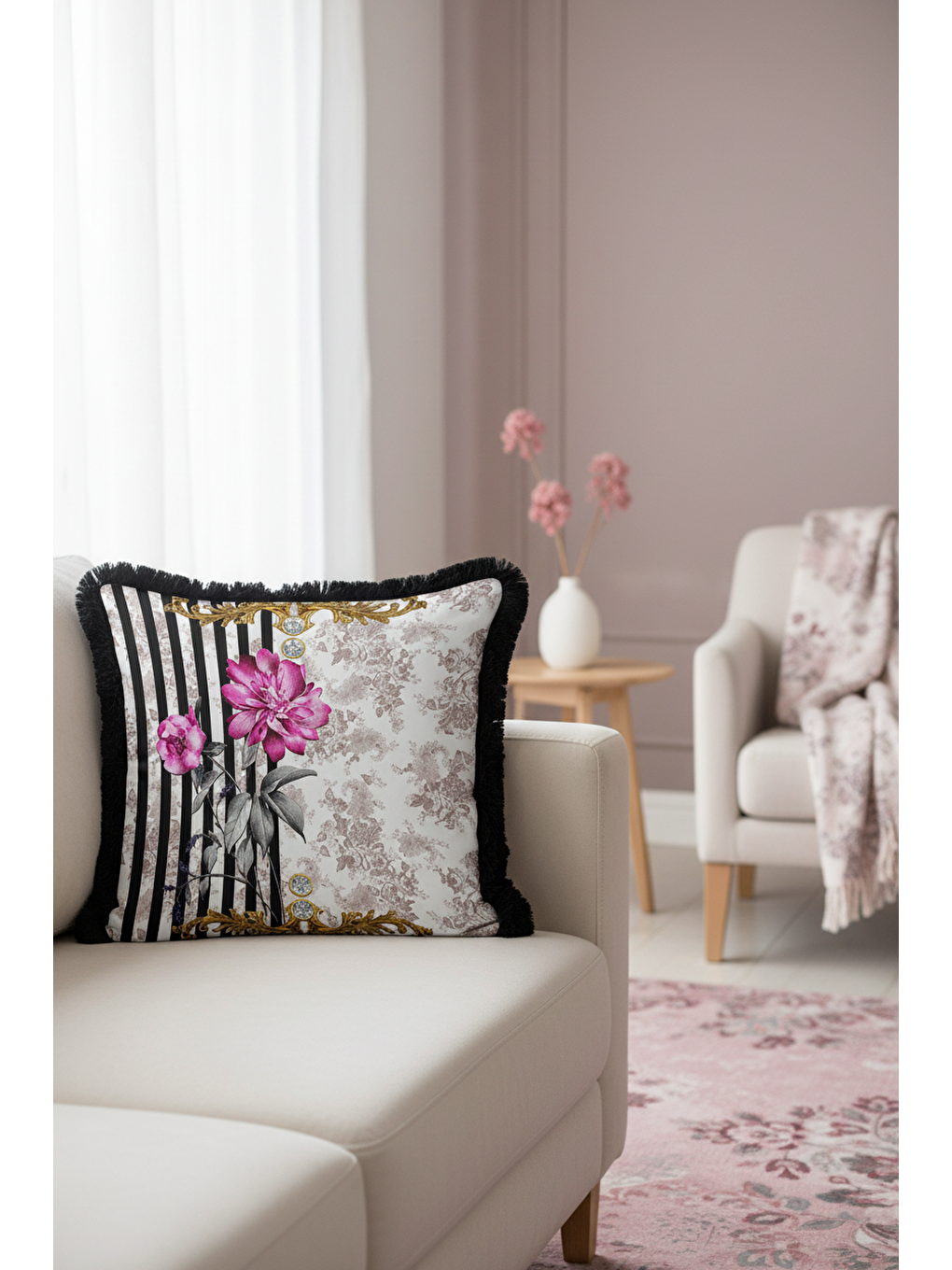 Karışık Barok Çiçekli Altın Renkli Saçaklı Yastık Kılıfı - Lüks Vintage Bohem Siyah Püsküllü Kırlent Kılıfı-4