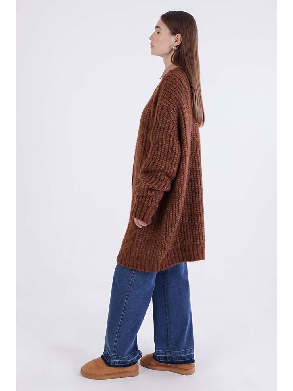 Kahverengi Kahve V Yaka Düğmeli Triko Hırka-2