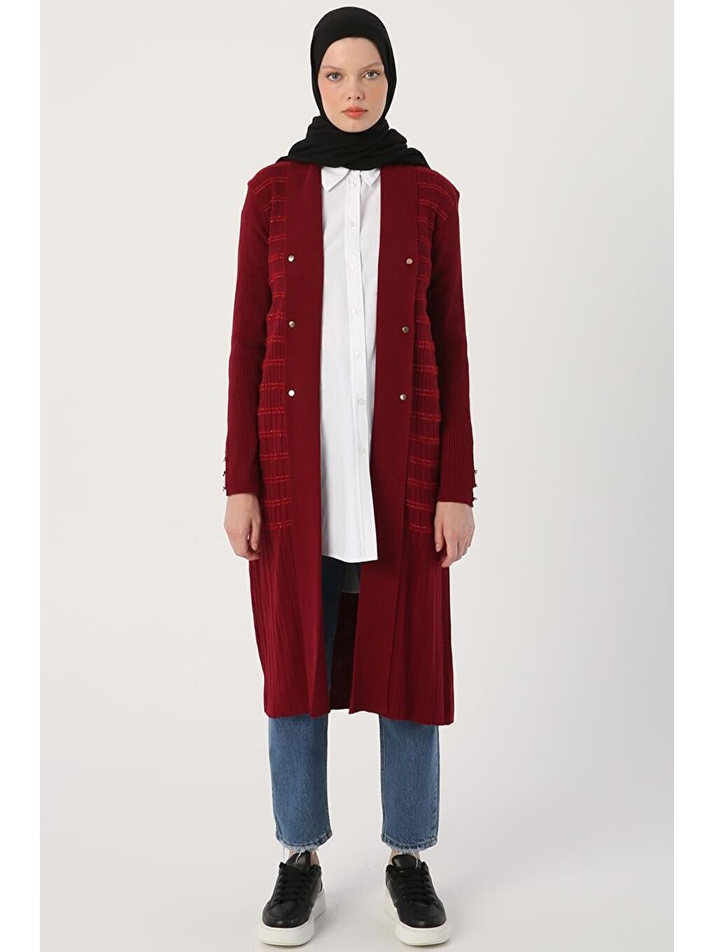 Bordo Simli Çizgili Düğme Detaylı Triko Hırka-1