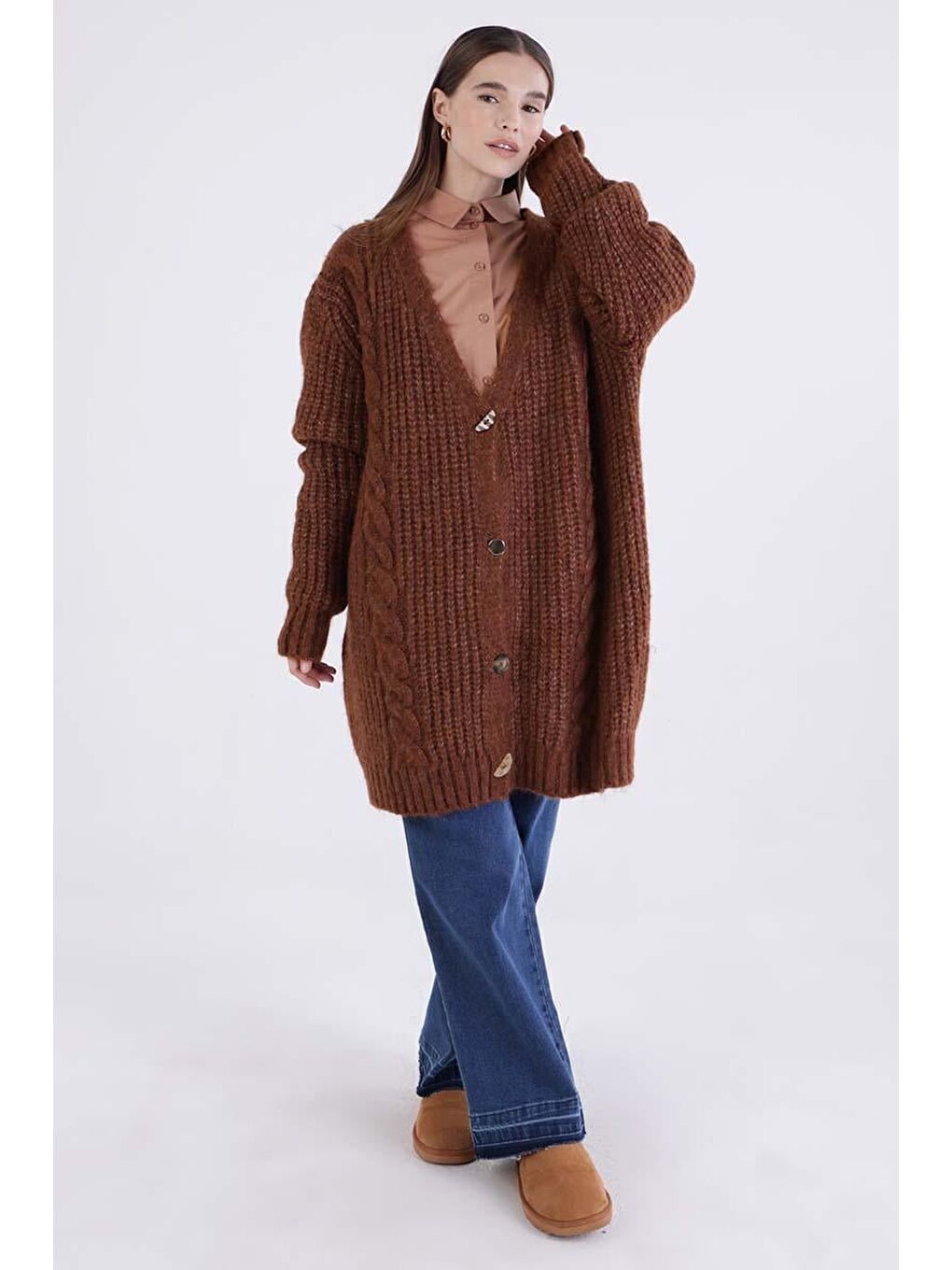 Kahverengi Kahve V Yaka Düğmeli Triko Hırka-4