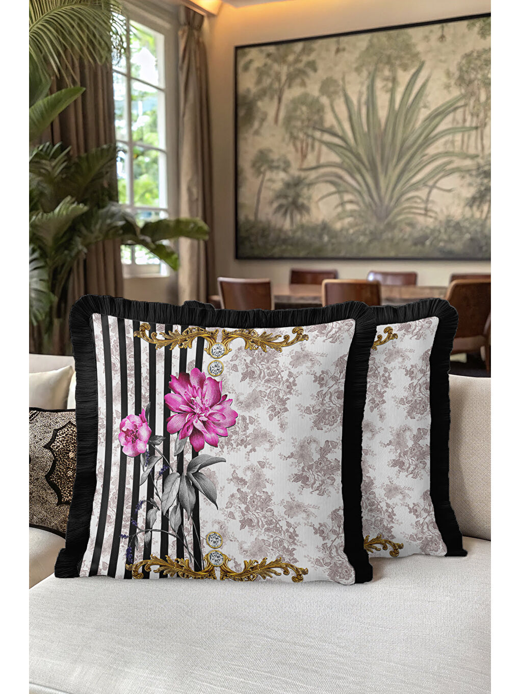 Karışık Barok Çiçekli Altın Renkli Saçaklı Yastık Kılıfı - Lüks Vintage Bohem Siyah Püsküllü Kırlent Kılıfı-5