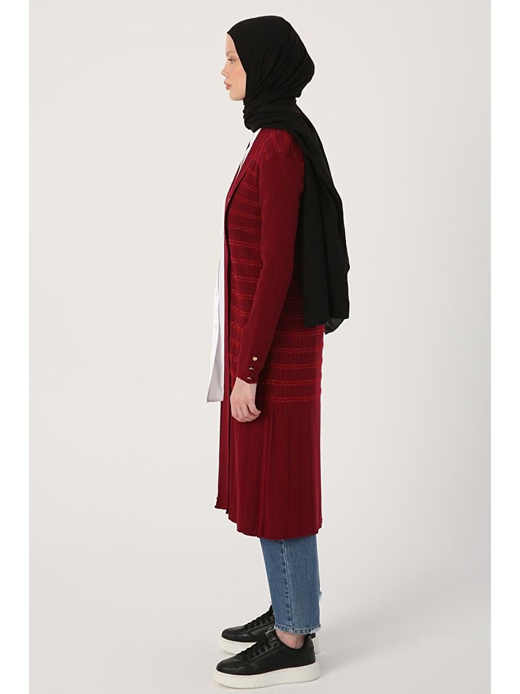 Bordo Simli Çizgili Düğme Detaylı Triko Hırka-2