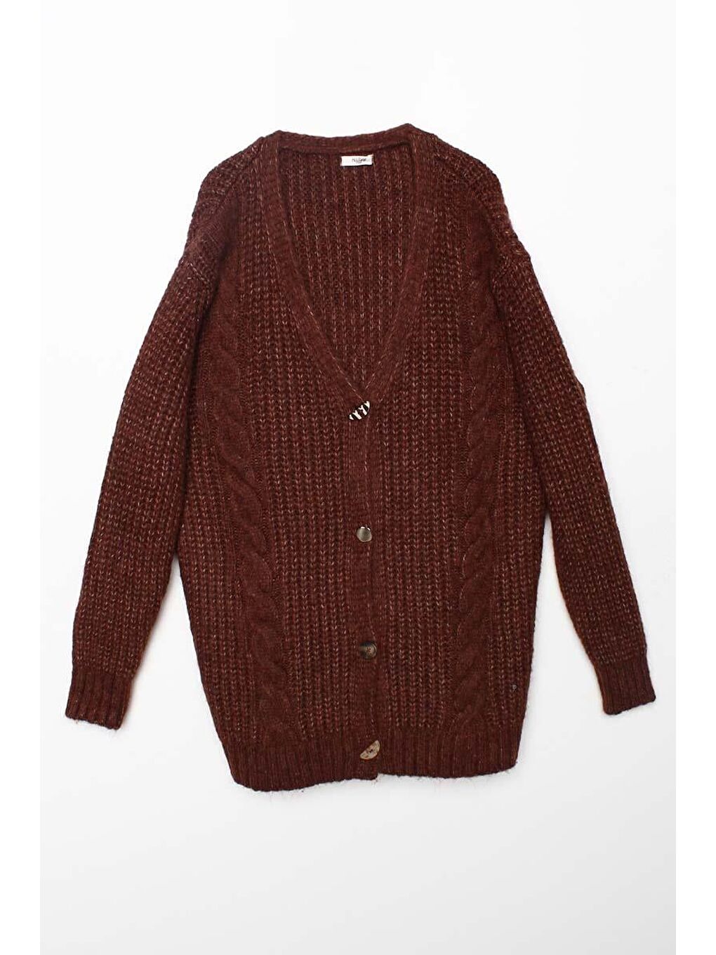 Kahverengi Kahve V Yaka Düğmeli Triko Hırka-6