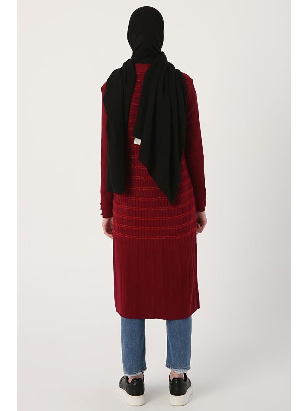 Bordo Simli Çizgili Düğme Detaylı Triko Hırka-3