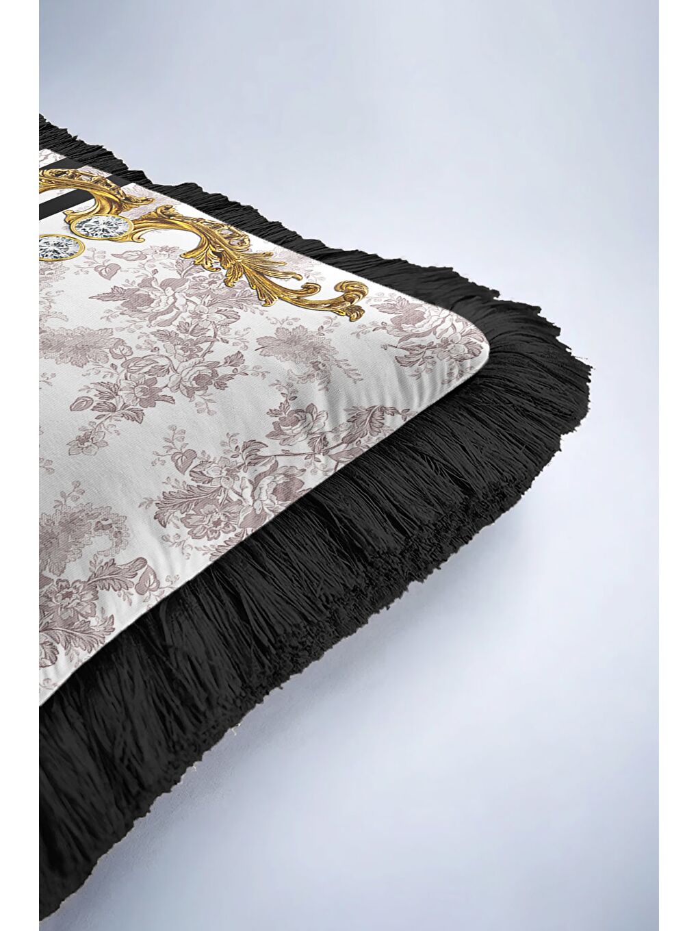 Karışık Barok Çiçekli Altın Renkli Saçaklı Yastık Kılıfı - Lüks Vintage Bohem Siyah Püsküllü Kırlent Kılıfı-6