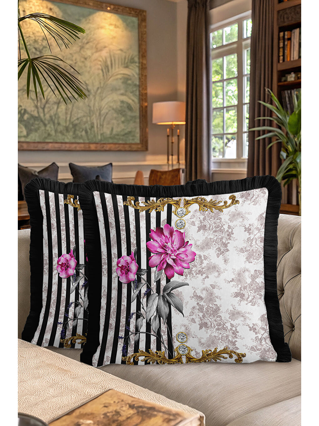 Karışık Barok Çiçekli Altın Renkli Saçaklı Yastık Kılıfı - Lüks Vintage Bohem Siyah Püsküllü Kırlent Kılıfı-7