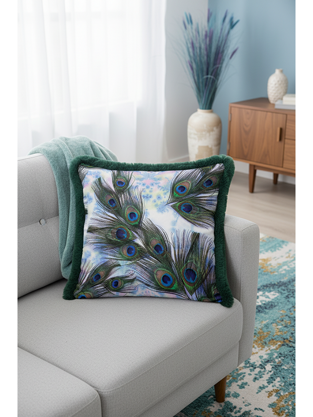 Karışık Göz Alıcı Tavuskuşu Tüyü Saçaklı Yastık Kılıfı - Sanatsal Bohem Yeşil Mavi Püsküllü Kırlent Kılıfı-1