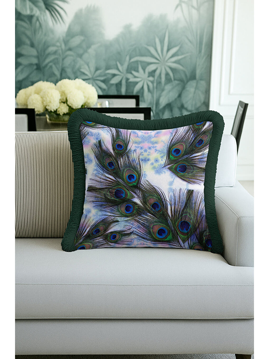 Karışık Göz Alıcı Tavuskuşu Tüyü Saçaklı Yastık Kılıfı - Sanatsal Bohem Yeşil Mavi Püsküllü Kırlent Kılıfı-2