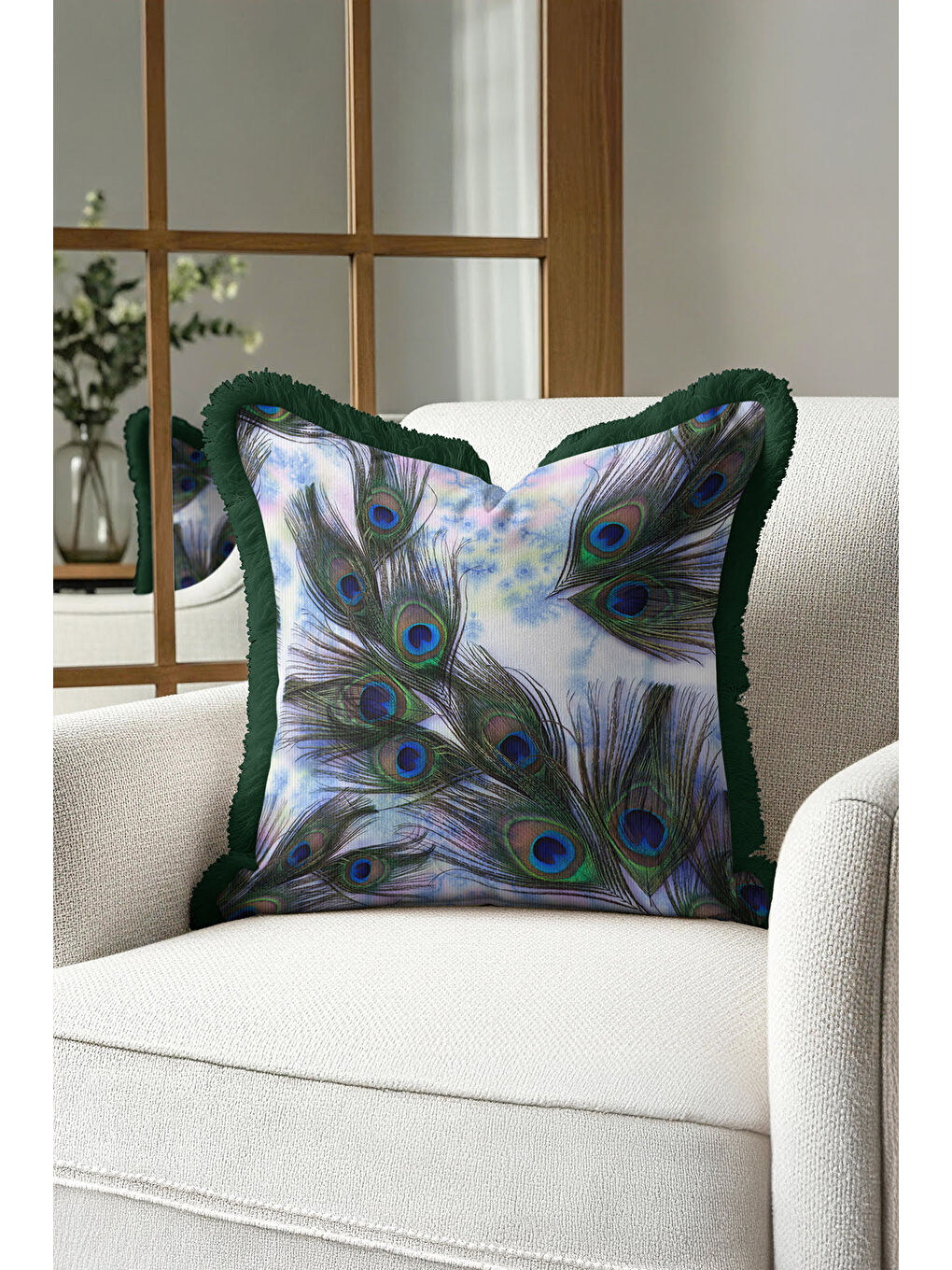 Karışık Göz Alıcı Tavuskuşu Tüyü Saçaklı Yastık Kılıfı - Sanatsal Bohem Yeşil Mavi Püsküllü Kırlent Kılıfı-3