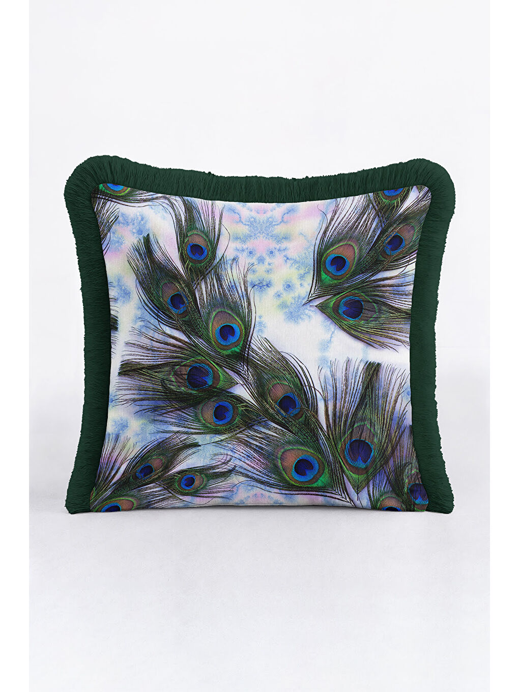 Karışık Göz Alıcı Tavuskuşu Tüyü Saçaklı Yastık Kılıfı - Sanatsal Bohem Yeşil Mavi Püsküllü Kırlent Kılıfı-4