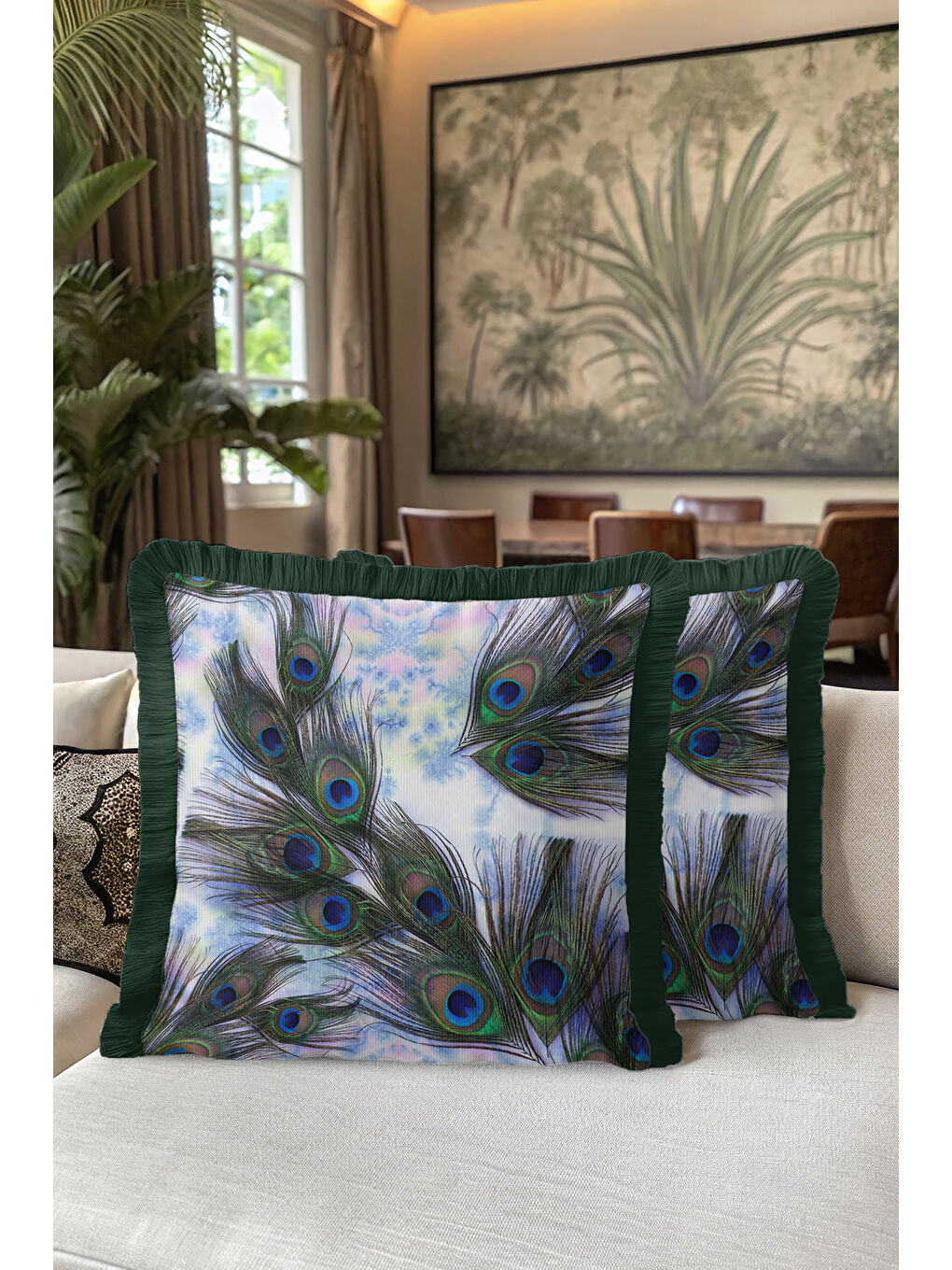 Karışık Göz Alıcı Tavuskuşu Tüyü Saçaklı Yastık Kılıfı - Sanatsal Bohem Yeşil Mavi Püsküllü Kırlent Kılıfı-5