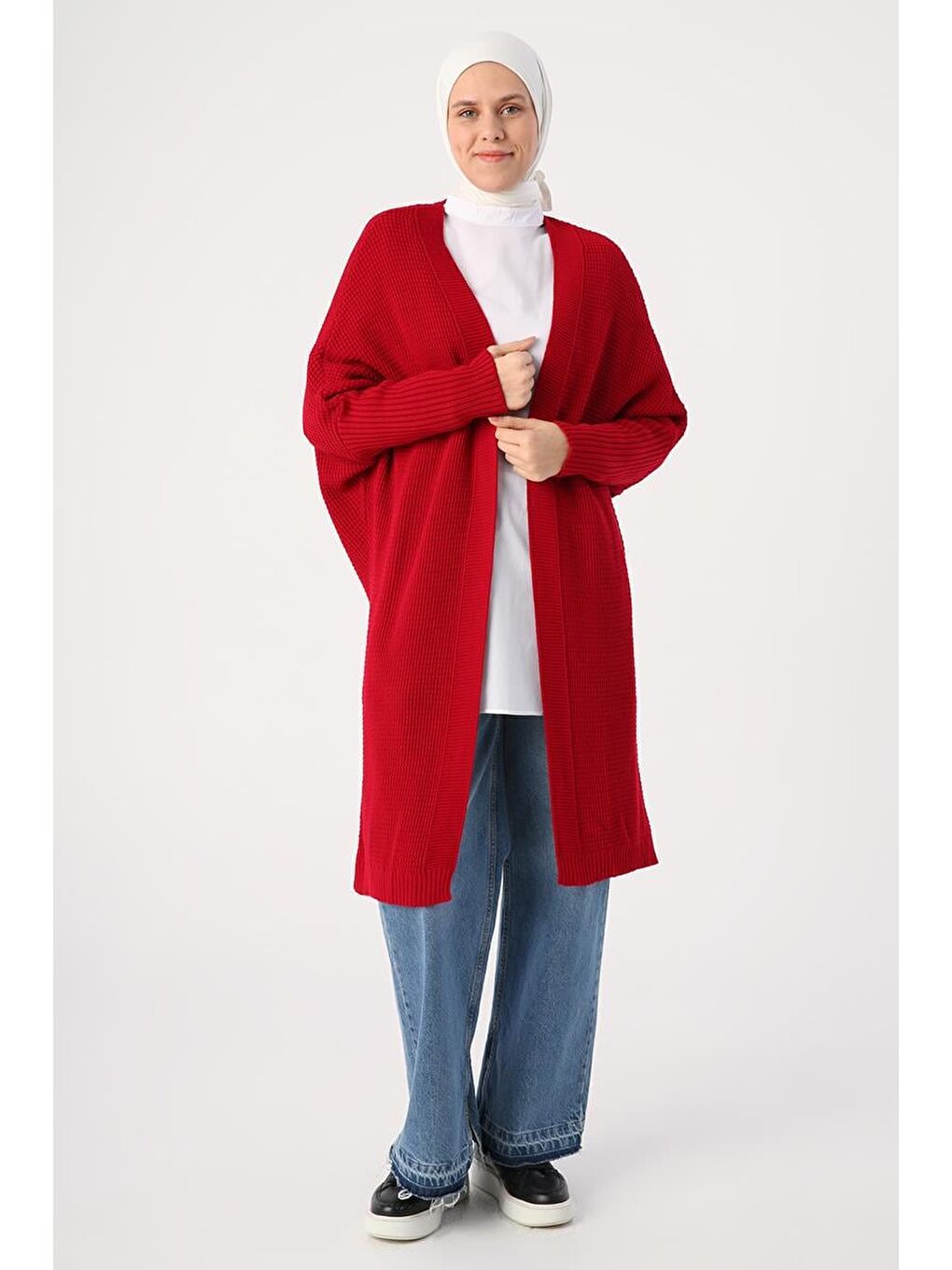 Kırmızı Önü Açık T-Kol Triko Hırka-1