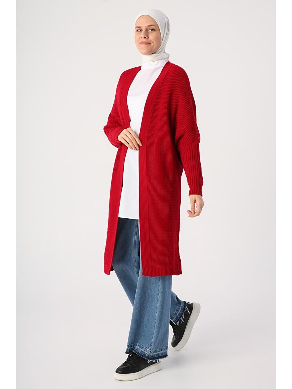 Kırmızı Önü Açık T-Kol Triko Hırka-2