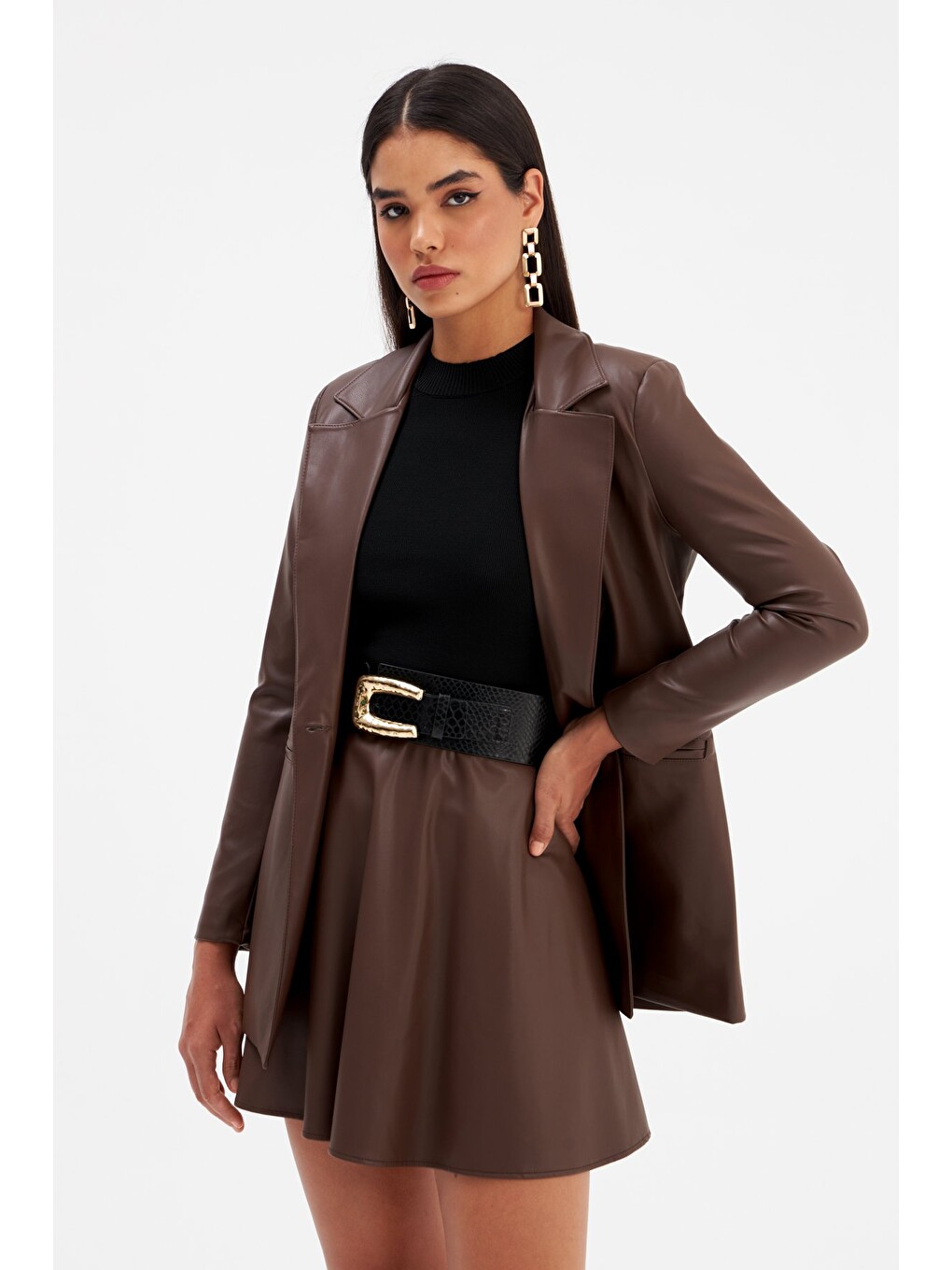 Kahverengi Kloş Mini Deri Etek - Koyu Kahve