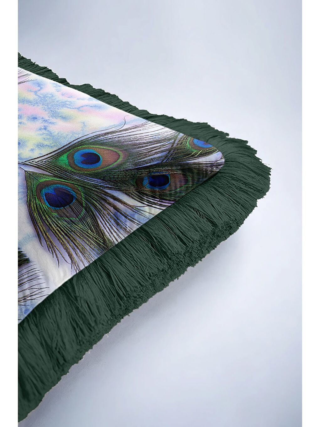 Karışık Göz Alıcı Tavuskuşu Tüyü Saçaklı Yastık Kılıfı - Sanatsal Bohem Yeşil Mavi Püsküllü Kırlent Kılıfı-6