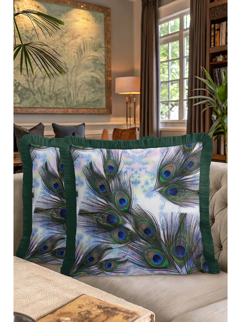 Karışık Göz Alıcı Tavuskuşu Tüyü Saçaklı Yastık Kılıfı - Sanatsal Bohem Yeşil Mavi Püsküllü Kırlent Kılıfı-7