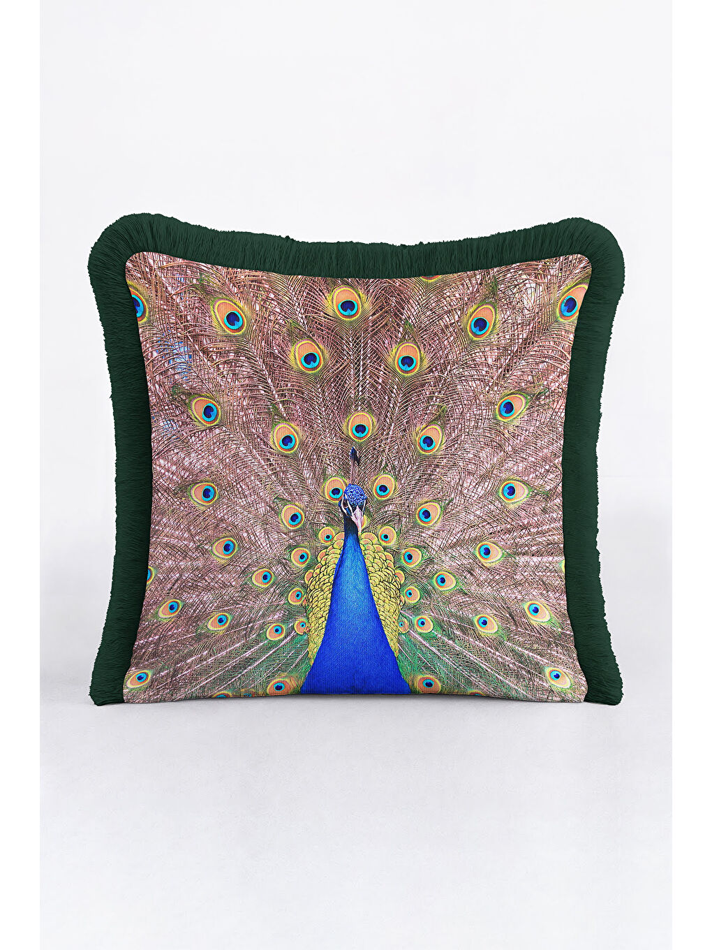 Karışık Gösterişli Tavuskuşu Saçaklı Yastık Kılıfı - Lüks Bohem Yeşil Altın Renkli Püsküllü Kırlent Kılıfı-1