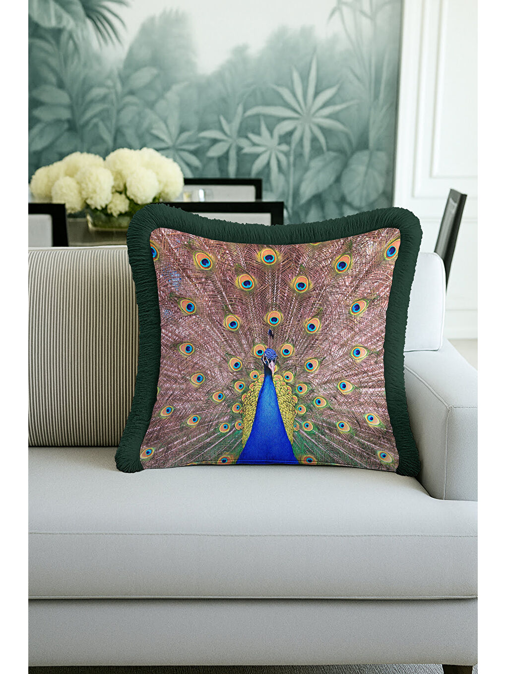 Karışık Gösterişli Tavuskuşu Saçaklı Yastık Kılıfı - Lüks Bohem Yeşil Altın Renkli Püsküllü Kırlent Kılıfı-2
