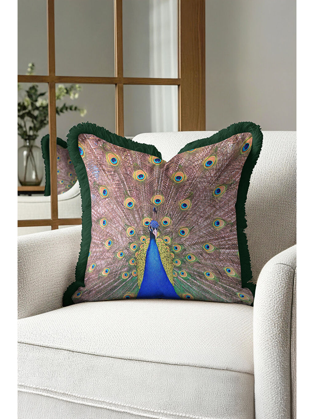 Karışık Gösterişli Tavuskuşu Saçaklı Yastık Kılıfı - Lüks Bohem Yeşil Altın Renkli Püsküllü Kırlent Kılıfı-4