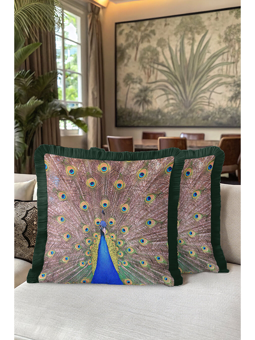 Karışık Gösterişli Tavuskuşu Saçaklı Yastık Kılıfı - Lüks Bohem Yeşil Altın Renkli Püsküllü Kırlent Kılıfı-5