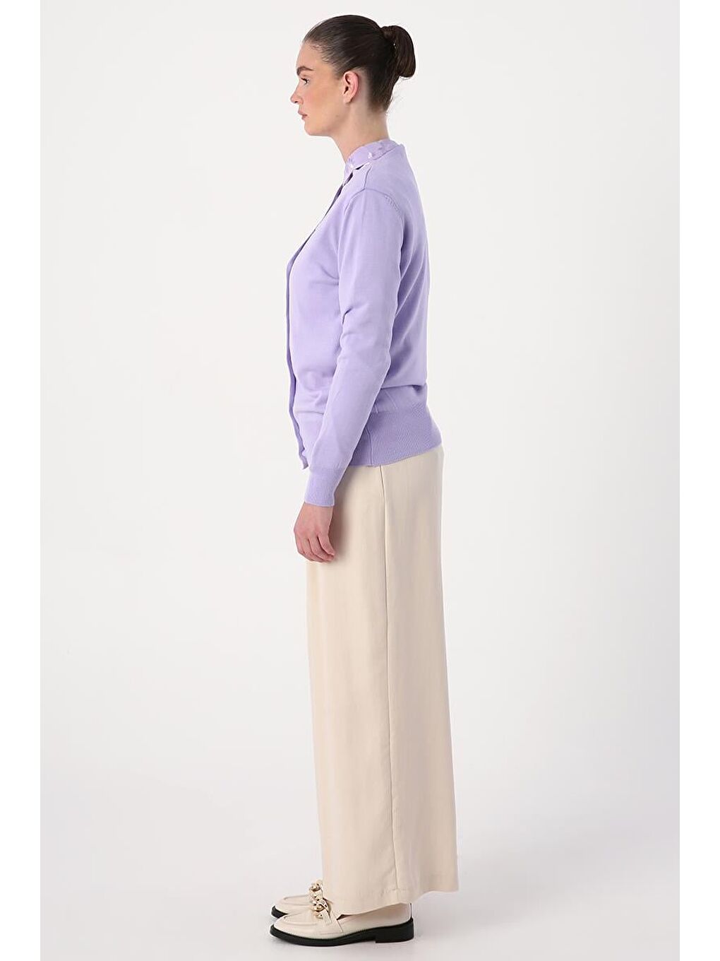 Açık Lila V Yaka Kısa Triko Hırka-2