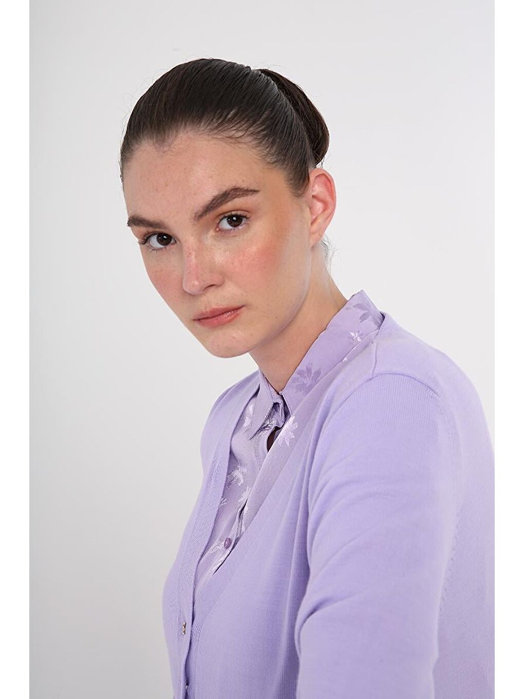 Açık Lila V Yaka Kısa Triko Hırka-4