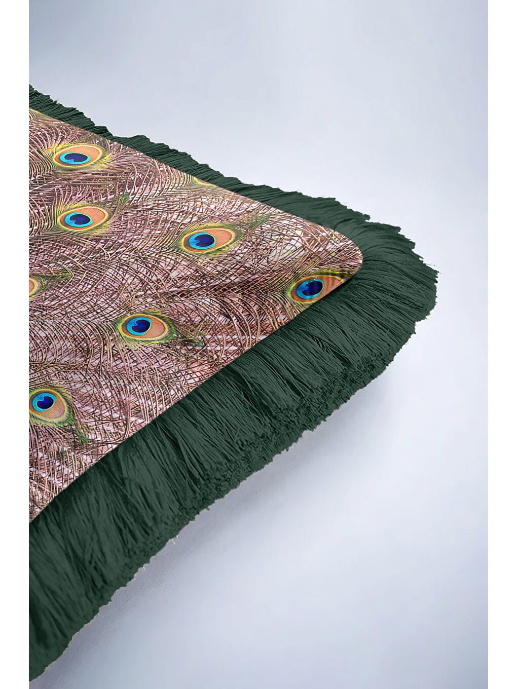 Karışık Gösterişli Tavuskuşu Saçaklı Yastık Kılıfı - Lüks Bohem Yeşil Altın Renkli Püsküllü Kırlent Kılıfı-6