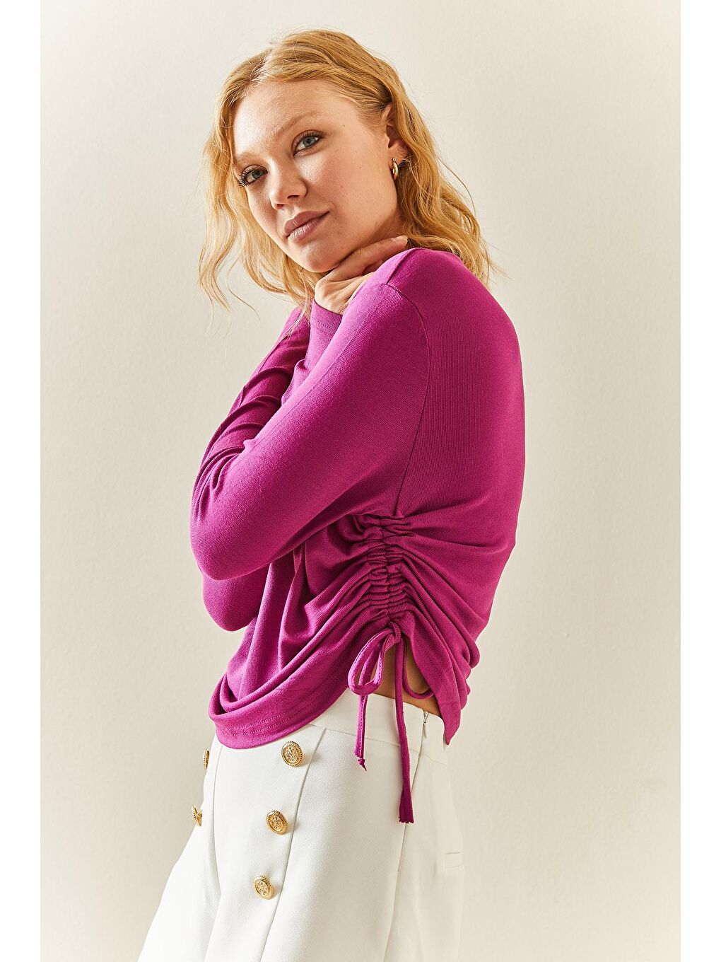 Fuşya Bisiklet Yaka Büzgülü Bluz 3YXK2-47540-07-3