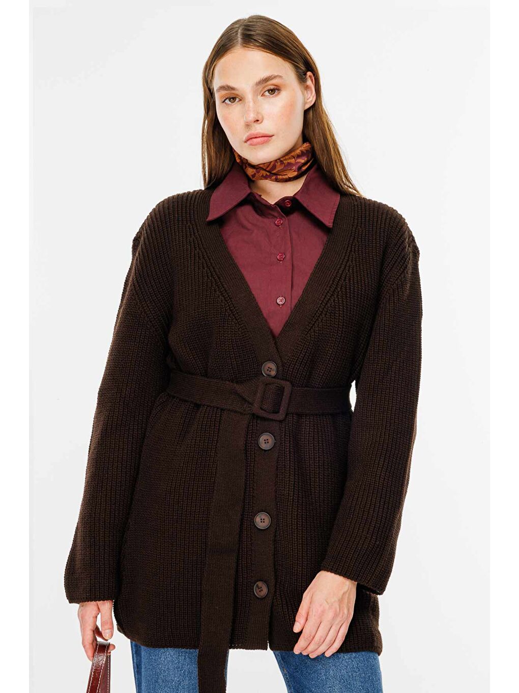 Kahverengi Tokalı Kemerli Kahve Hırka-1