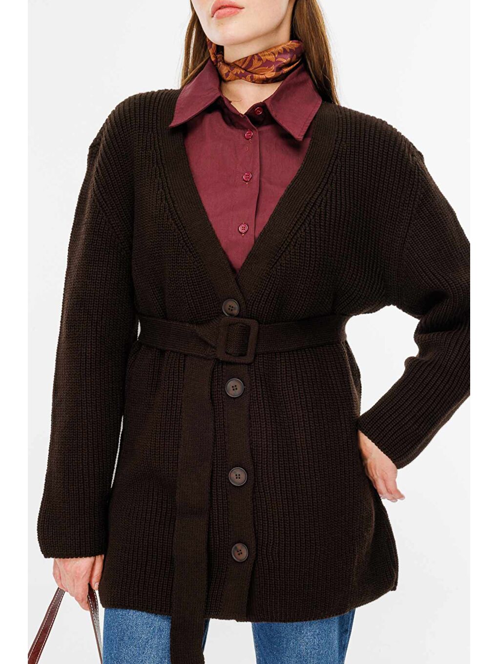 Kahverengi Tokalı Kemerli Kahve Hırka-2