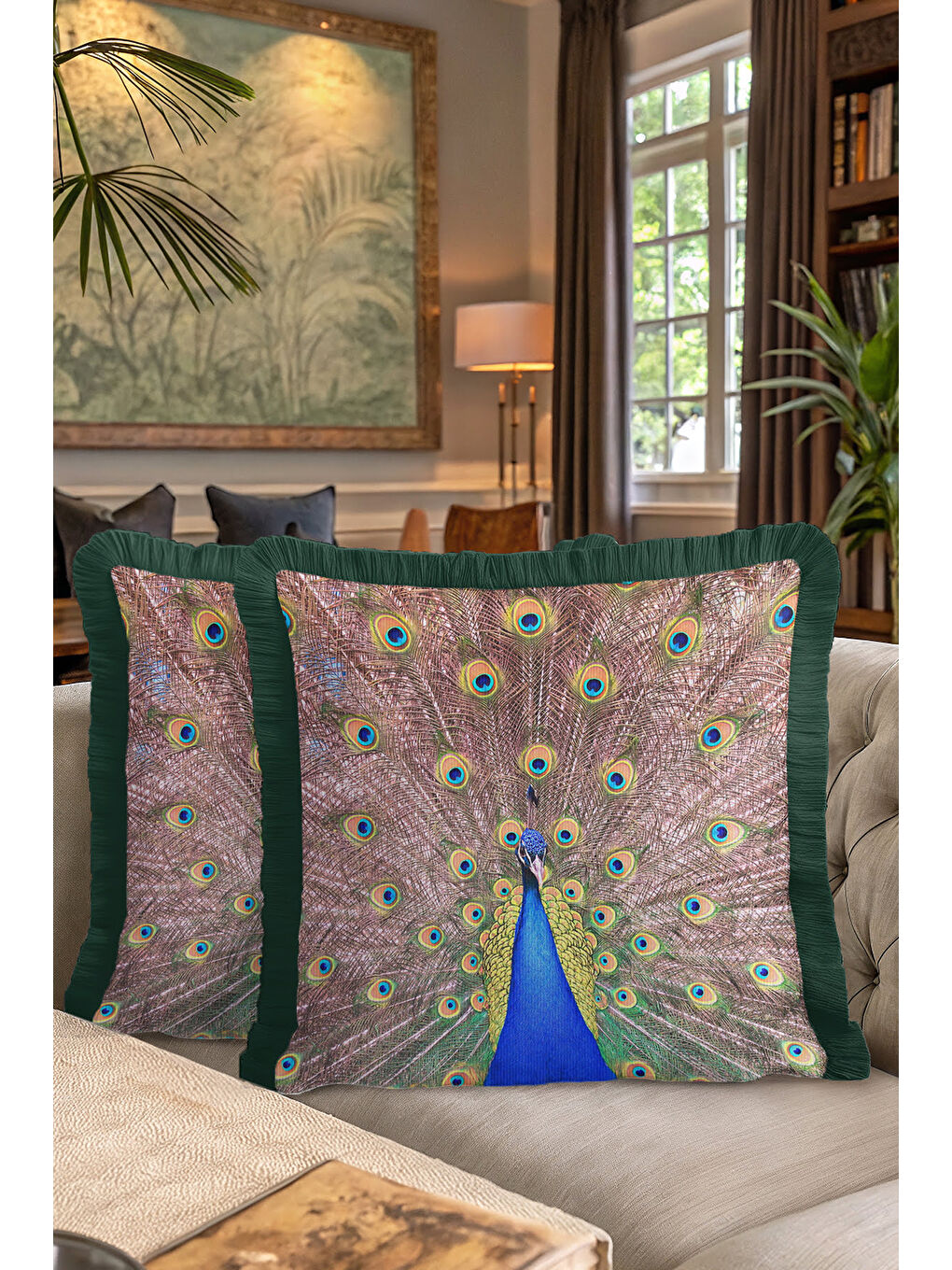 Karışık Gösterişli Tavuskuşu Saçaklı Yastık Kılıfı - Lüks Bohem Yeşil Altın Renkli Püsküllü Kırlent Kılıfı-7