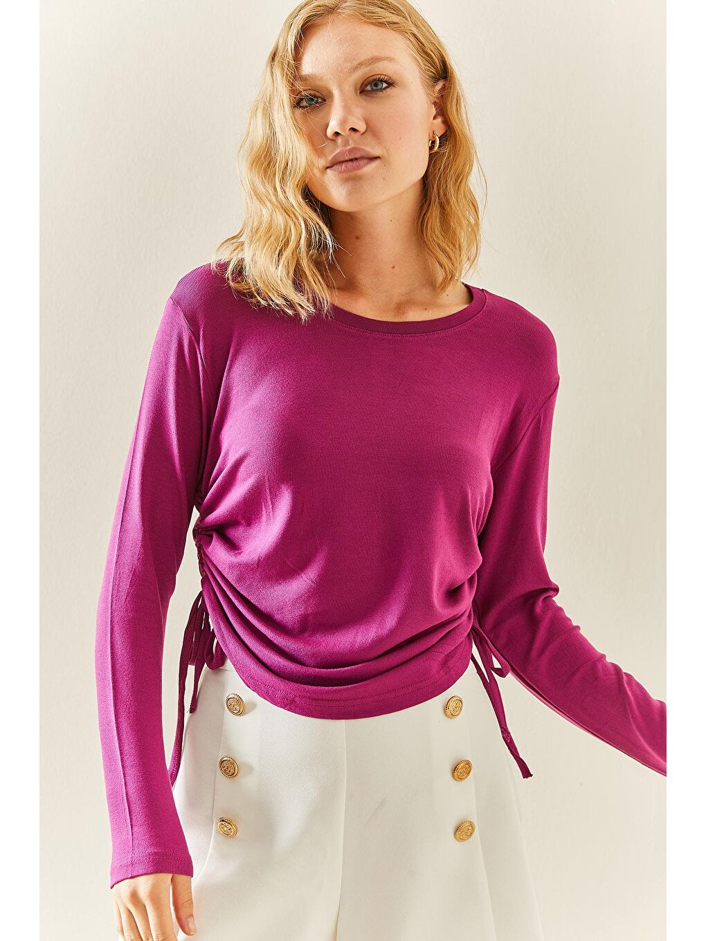 Fuşya Bisiklet Yaka Büzgülü Bluz 3YXK2-47540-07-4