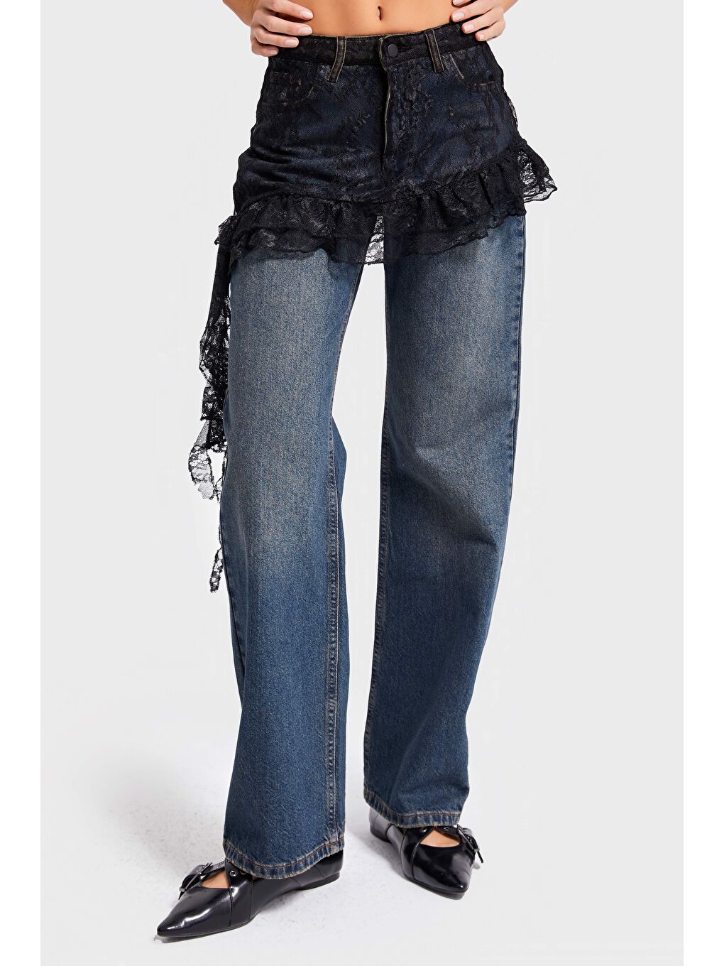 Mavi Kadın Jean Rengi 2w5-8 Straight Fit %100 Pamuk Dantel Detaylı Etek Özel Tasarım Denim Jean-2
