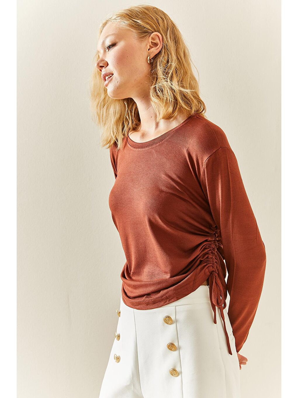 Kahverengi Bisiklet Yaka Büzgülü Bluz 3YXK2-47540-18-1