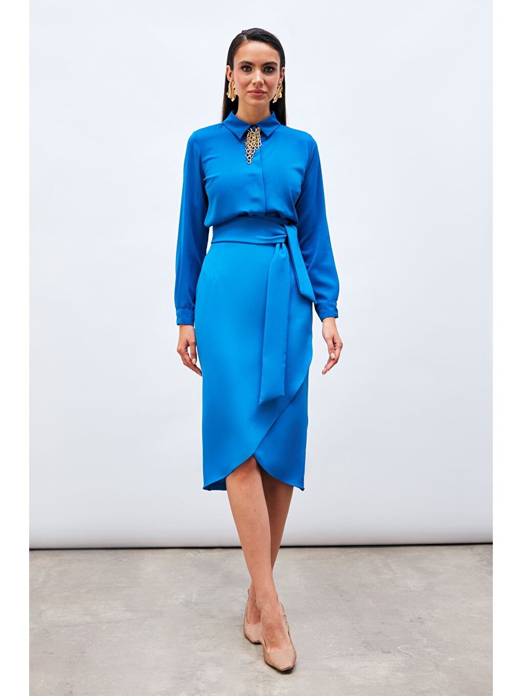 Kuşaklı Kalem Etek - Sax Mavi