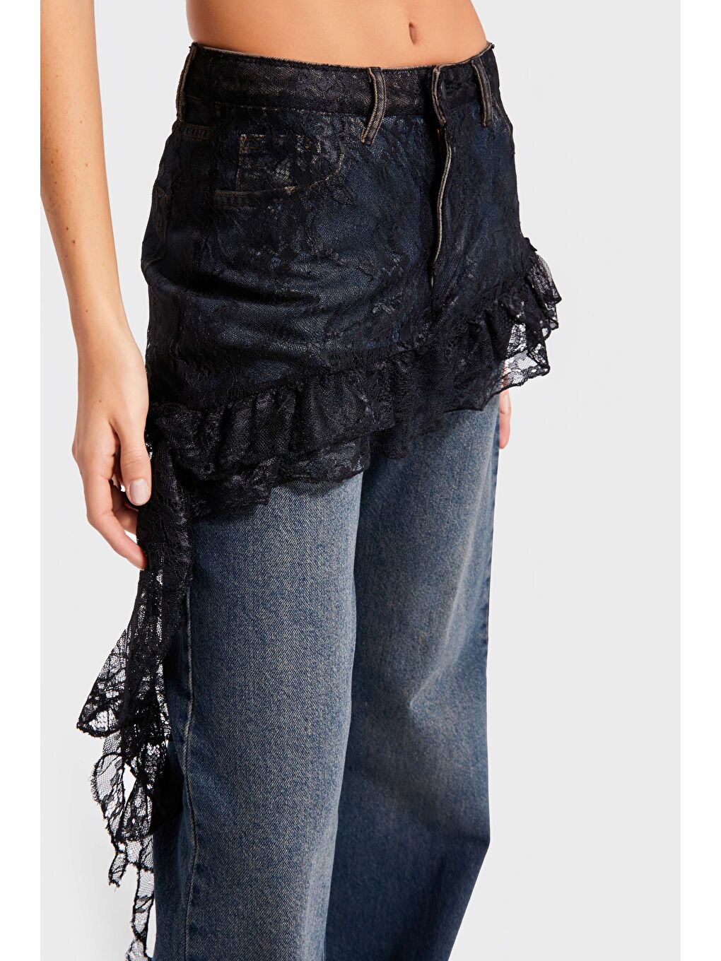 Mavi Kadın Jean Rengi 2w5-8 Straight Fit %100 Pamuk Dantel Detaylı Etek Özel Tasarım Denim Jean-3