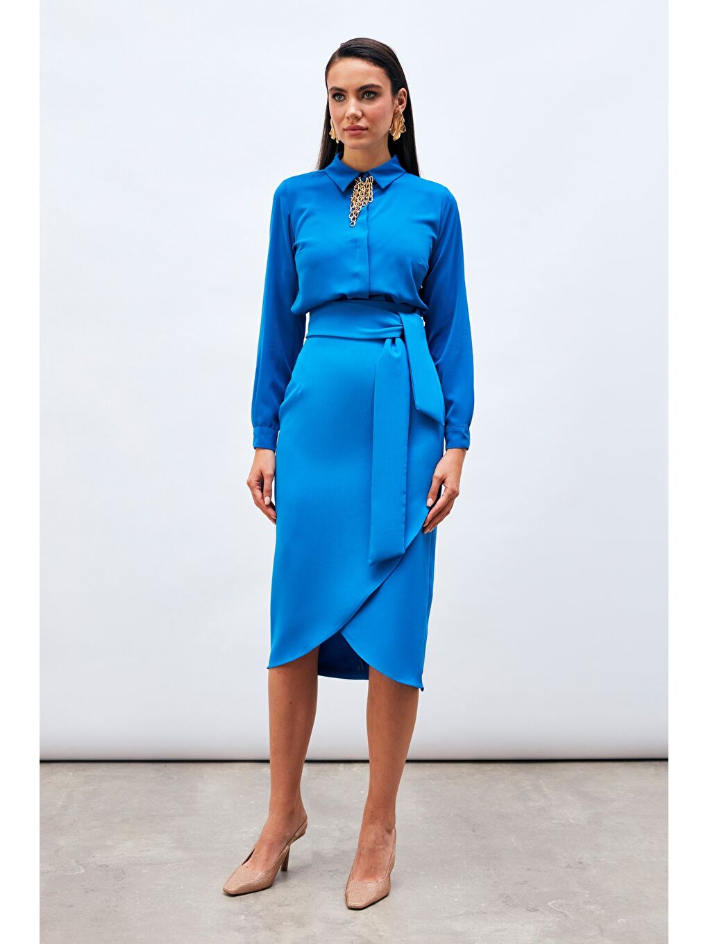 Kuşaklı Kalem Etek - Sax Mavi-1