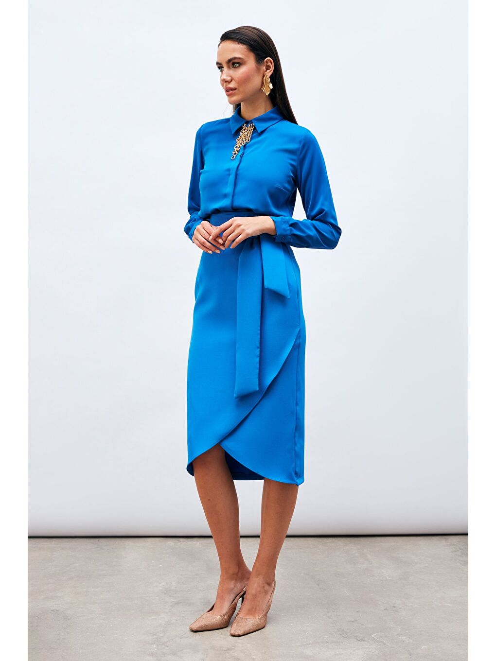 Kuşaklı Kalem Etek - Sax Mavi-2