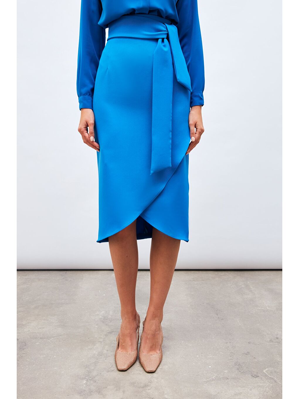 Kuşaklı Kalem Etek - Sax Mavi-3