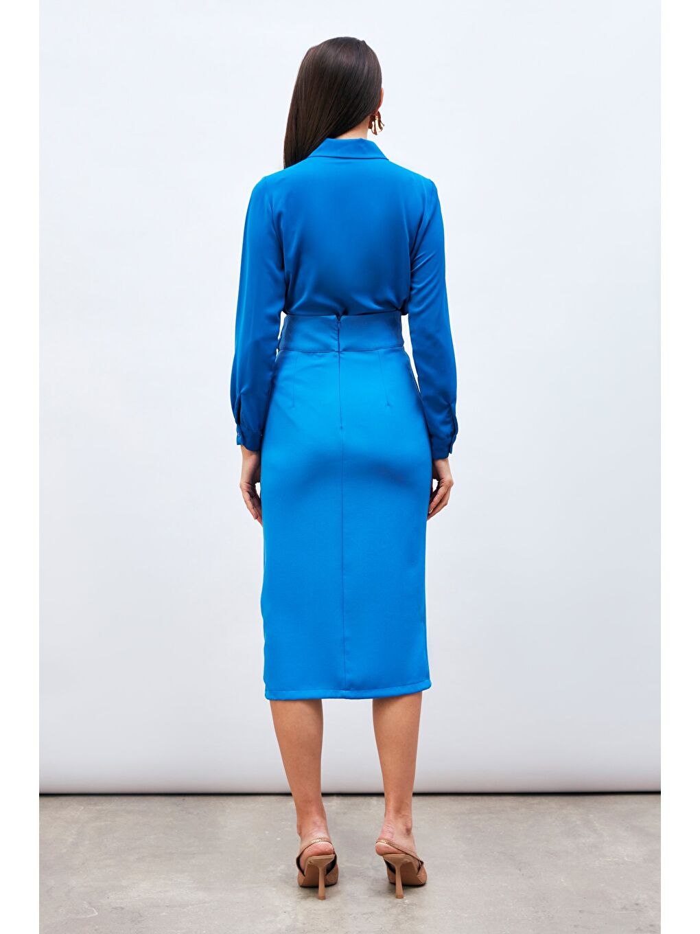 Kuşaklı Kalem Etek - Sax Mavi-5