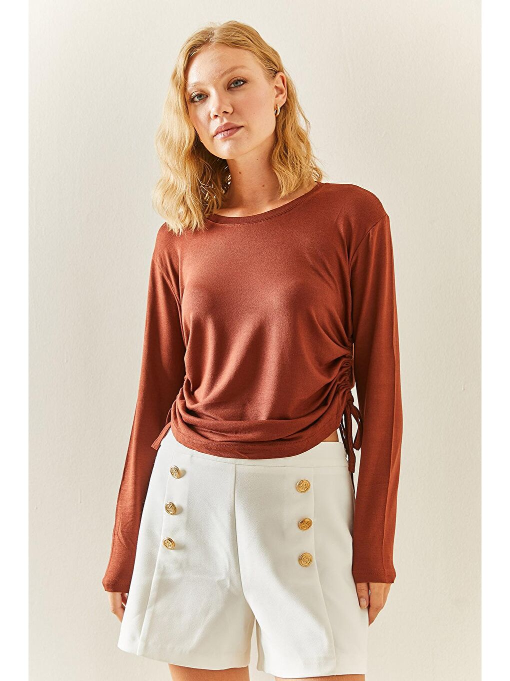 Kahverengi Bisiklet Yaka Büzgülü Bluz 3YXK2-47540-18-2