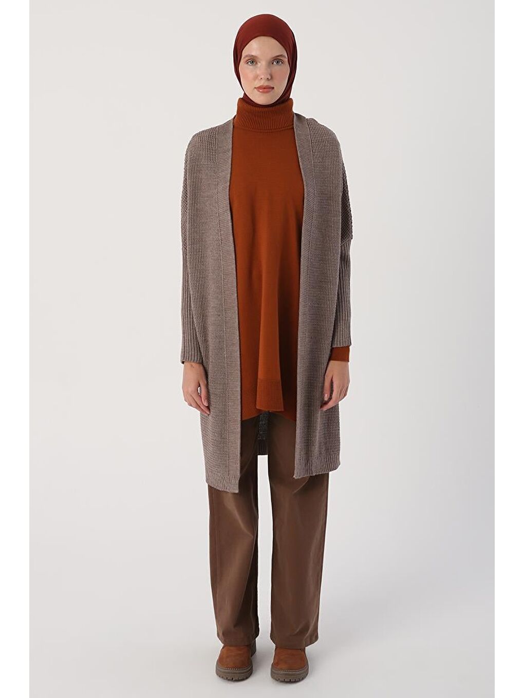 Bej Vizon Önü Açık T-Kol Triko Hırka-1