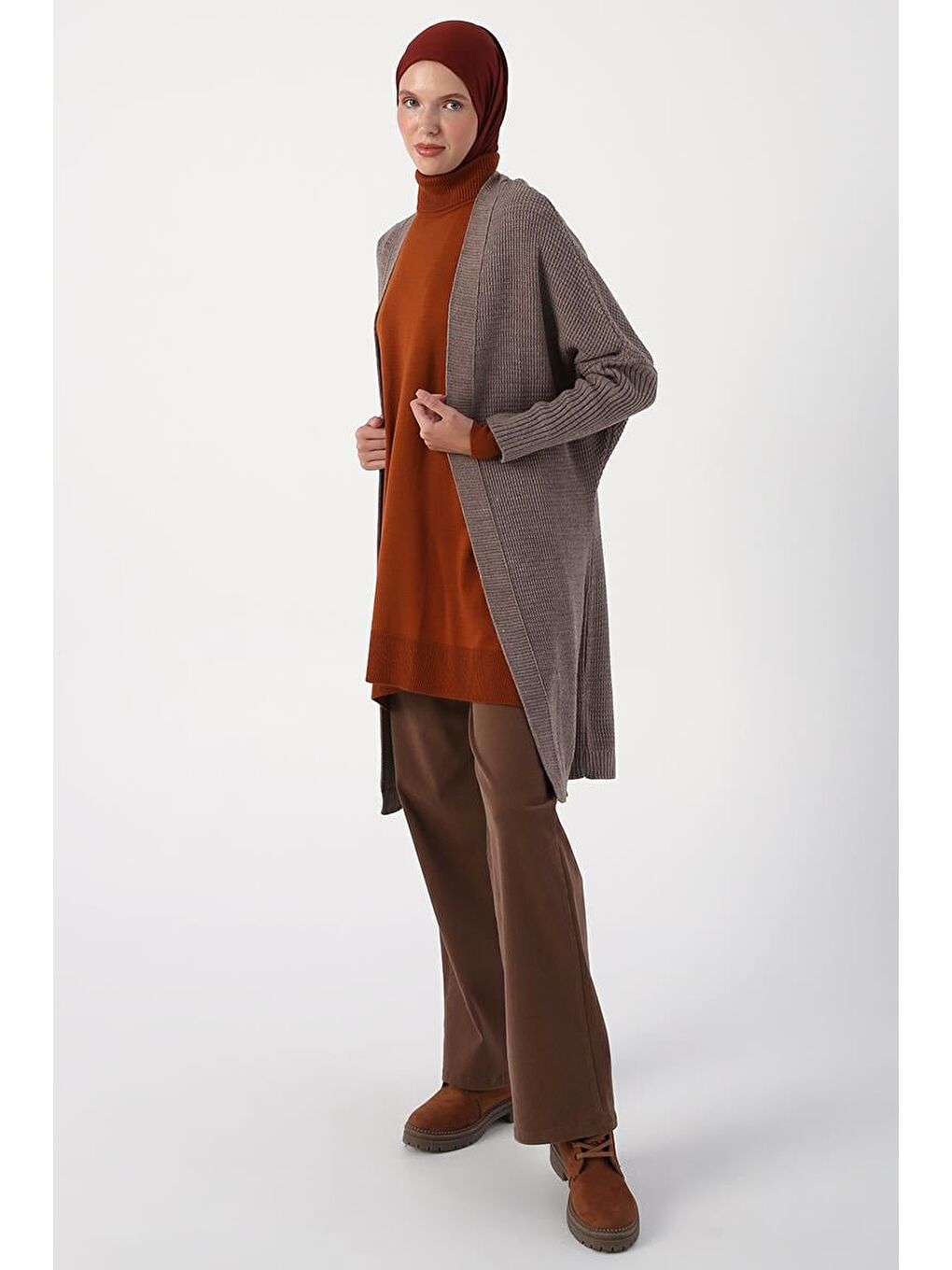 Bej Vizon Önü Açık T-Kol Triko Hırka-4