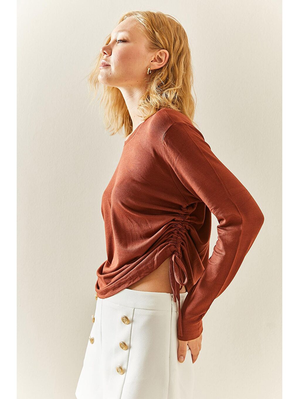 Kahverengi Bisiklet Yaka Büzgülü Bluz 3YXK2-47540-18-3