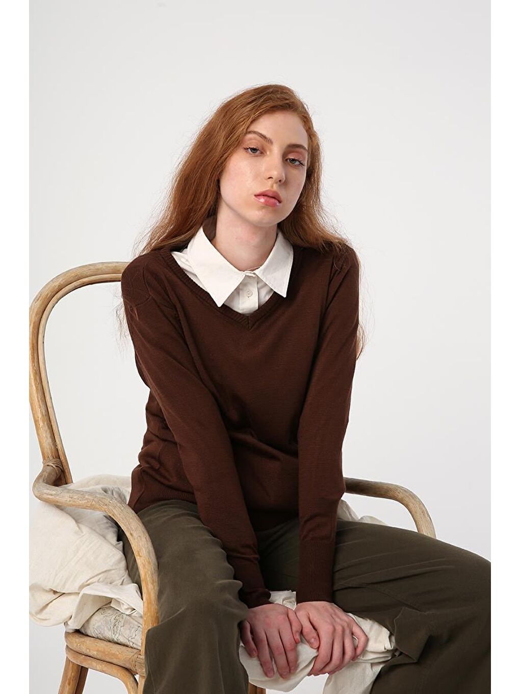 Kahverengi Kahve V Yaka Kısa Triko Hırka